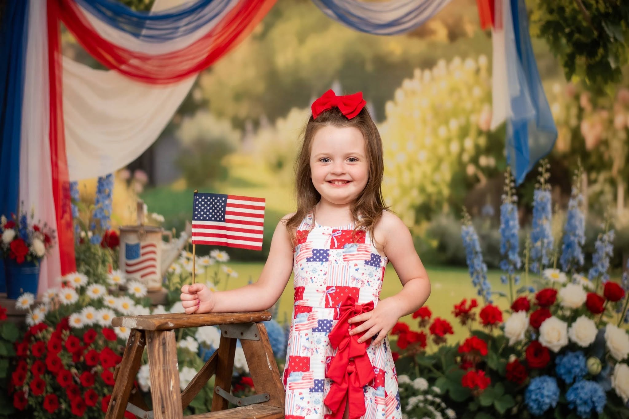 Kate 4th Of July Patriotic Red White Blue Drapes Garden Flowers Printed Backdrop Designed by Emetselch