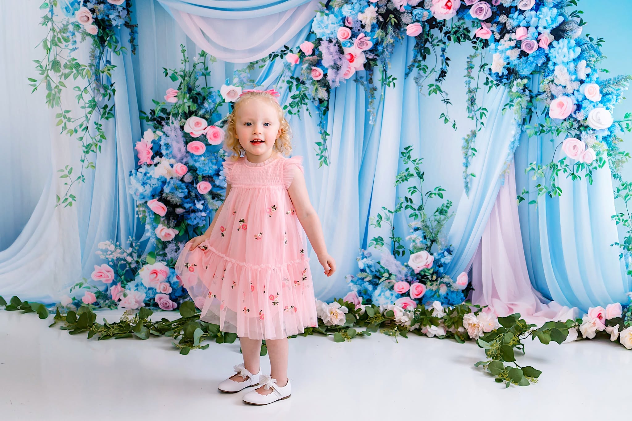 Kate Spring Green Plant Blue Pink Floral Soft Curtain Printed Backdrop Designed by Patty Robert