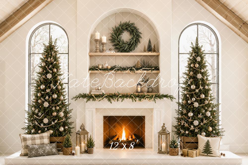 Kate Christmas Beige Fireplace Trees Mantel Gable Roof Printed Backdrop Designed by Emetselch