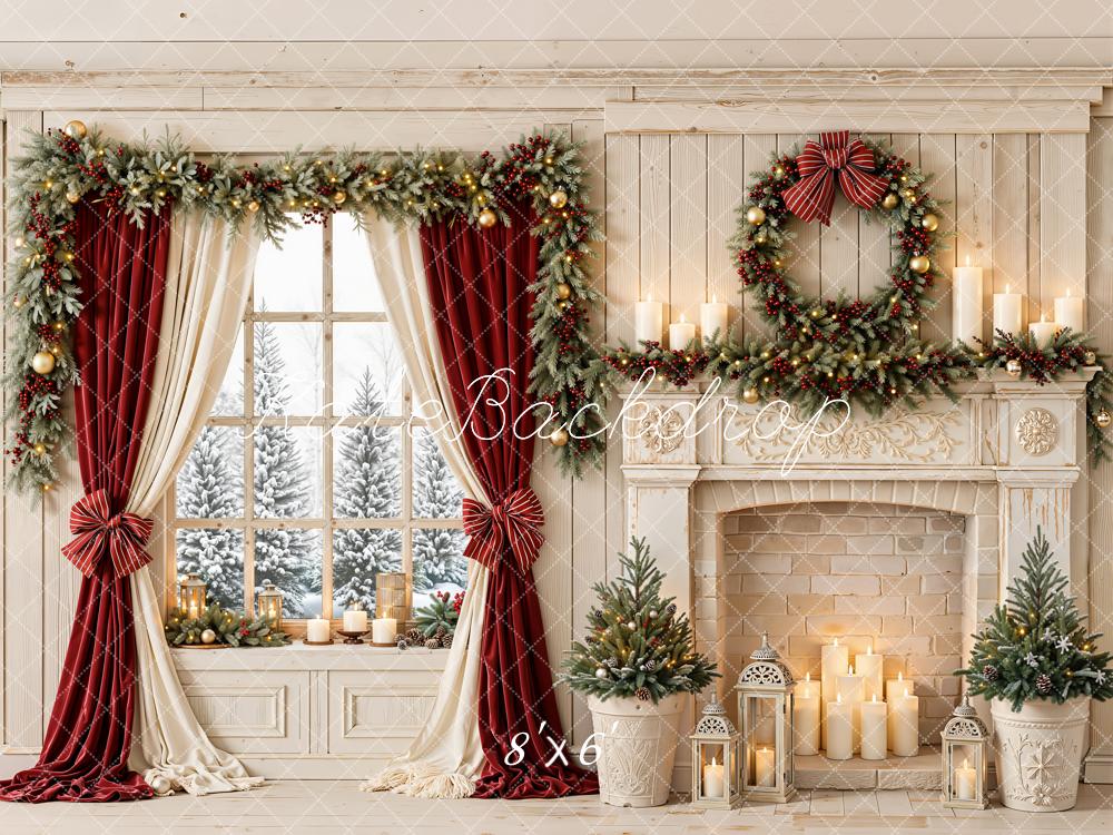 Kate Christmas Fireplace Wreath Window Red Curtains Garland Printed Backdrop Designed by Emetselch
