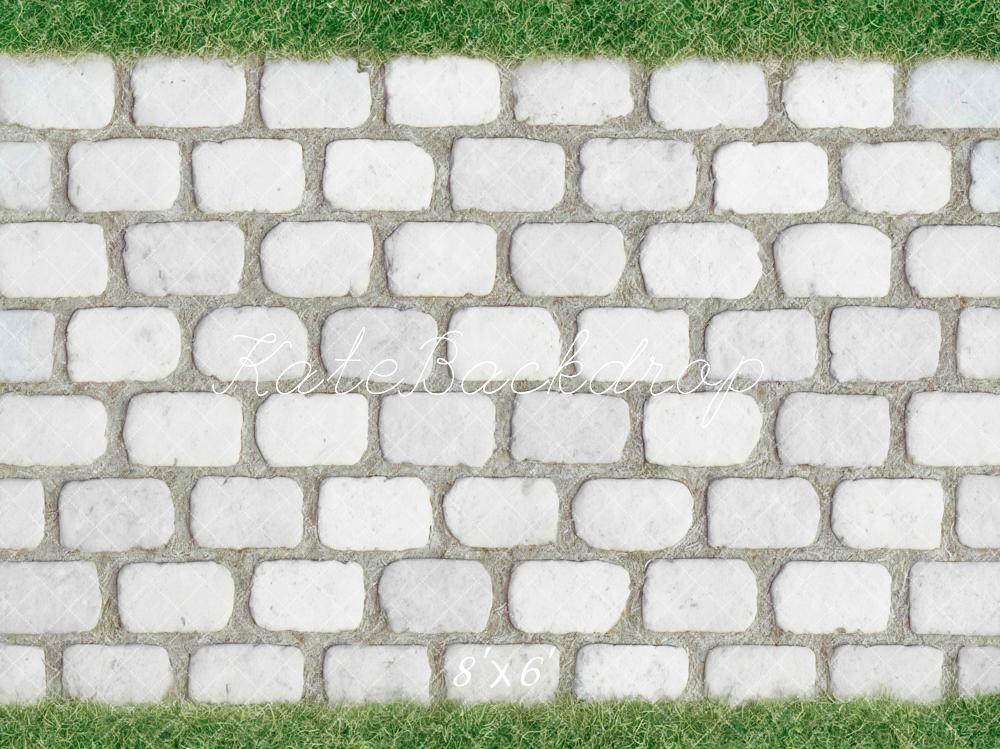 Kate White Cobblestone Floor with Grass Border Backdrop Designed by Mini MakeBelieve