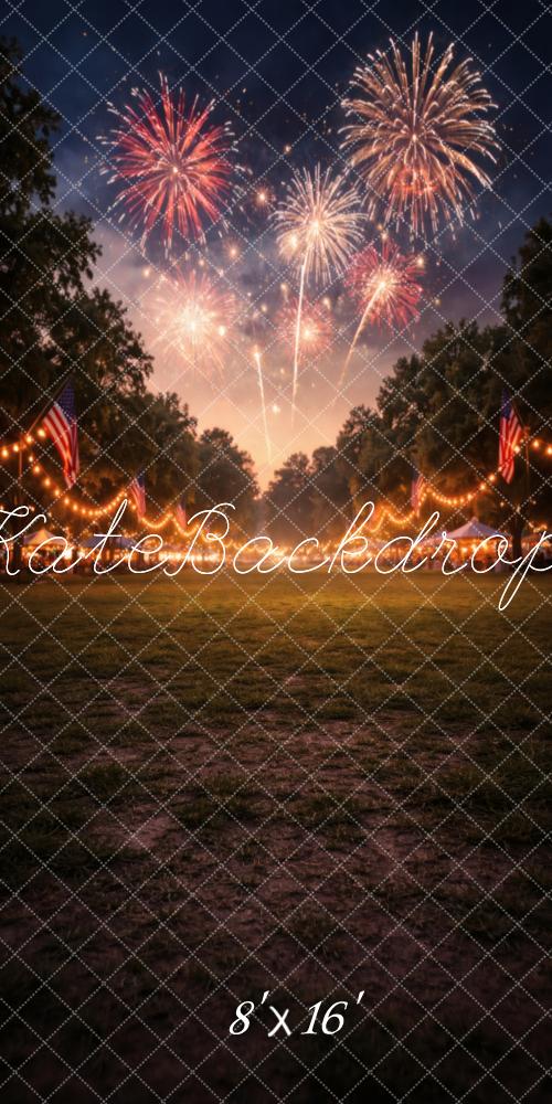 Kate Sweep 4th of July Fireworks Night Sky American Flags Lights Printed Backdrop Designed by Vertigo Productions