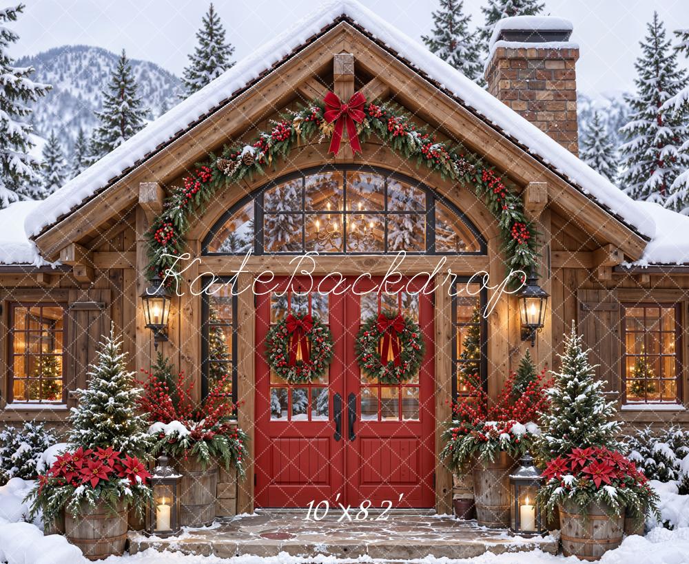 Kate Christmas Snowy Mountain Cabin Wreaths Woodland Printed Backdrop Designed by Emetselch