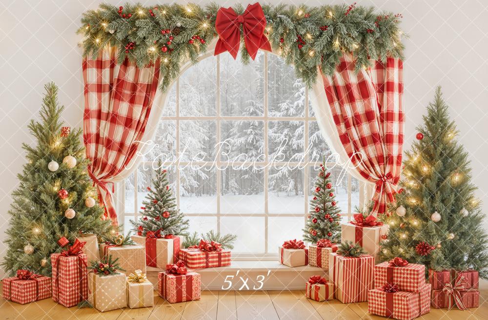Kate Christmas Red Plaid Curtains Window Pine Trees Gift Boxes Backdrop Designed by Emetselch
