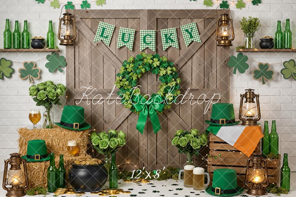 Kate St. Patrick's Day Shamrock Wreath Door Lanterns Green Hats Printed Backdrop Designed by Emetselch