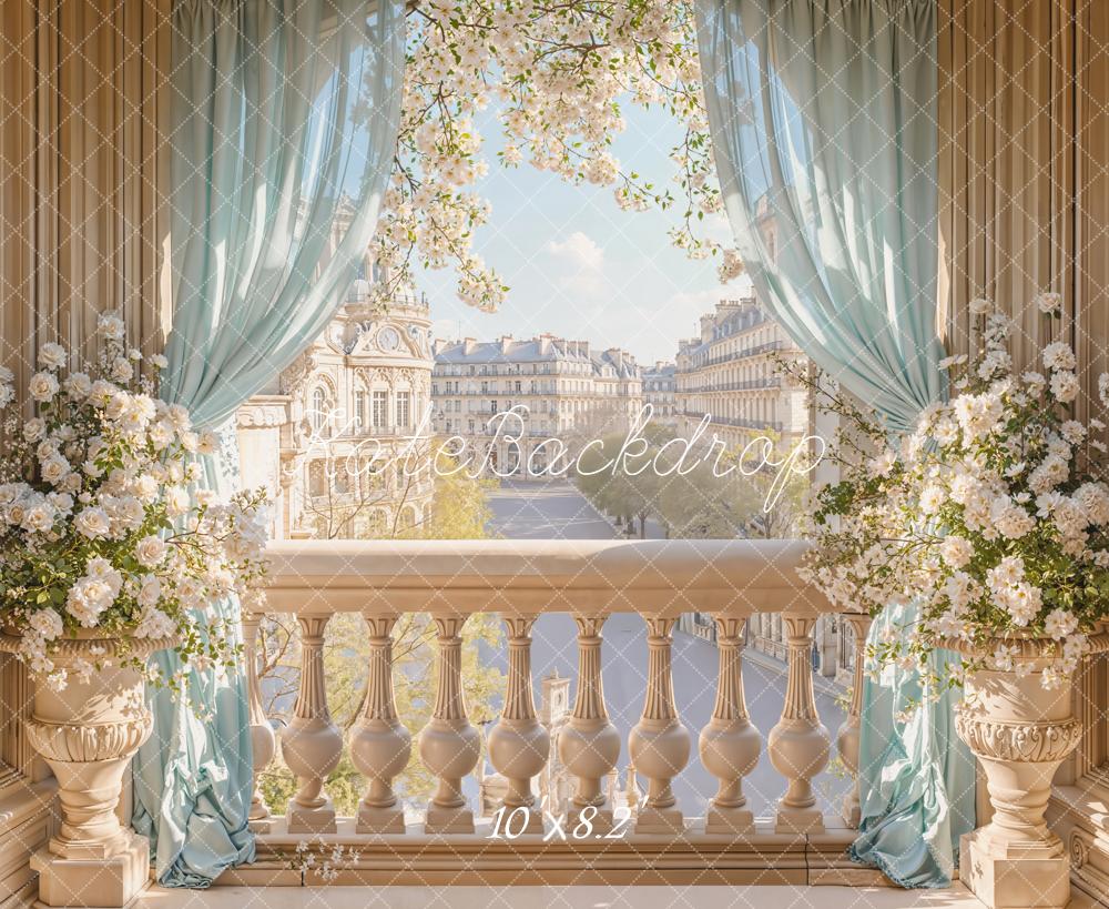 Kate Spring Elegant Balcony Blossoms Blue Curtains City View Backdrop Designed by Emetselch
