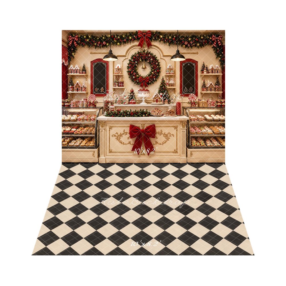 Kate Christmas Bakery Shop Cupcake Wreath Garland Printed Backdrop+Black And Beige Buffalo Plaid Printed Backdrop