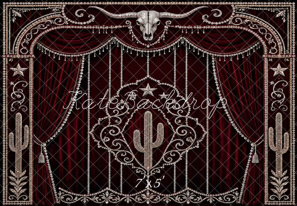 Kate Burgundy Western Rhinestone Red Curtain Printed Backdrop Designed by Vertigo Productions