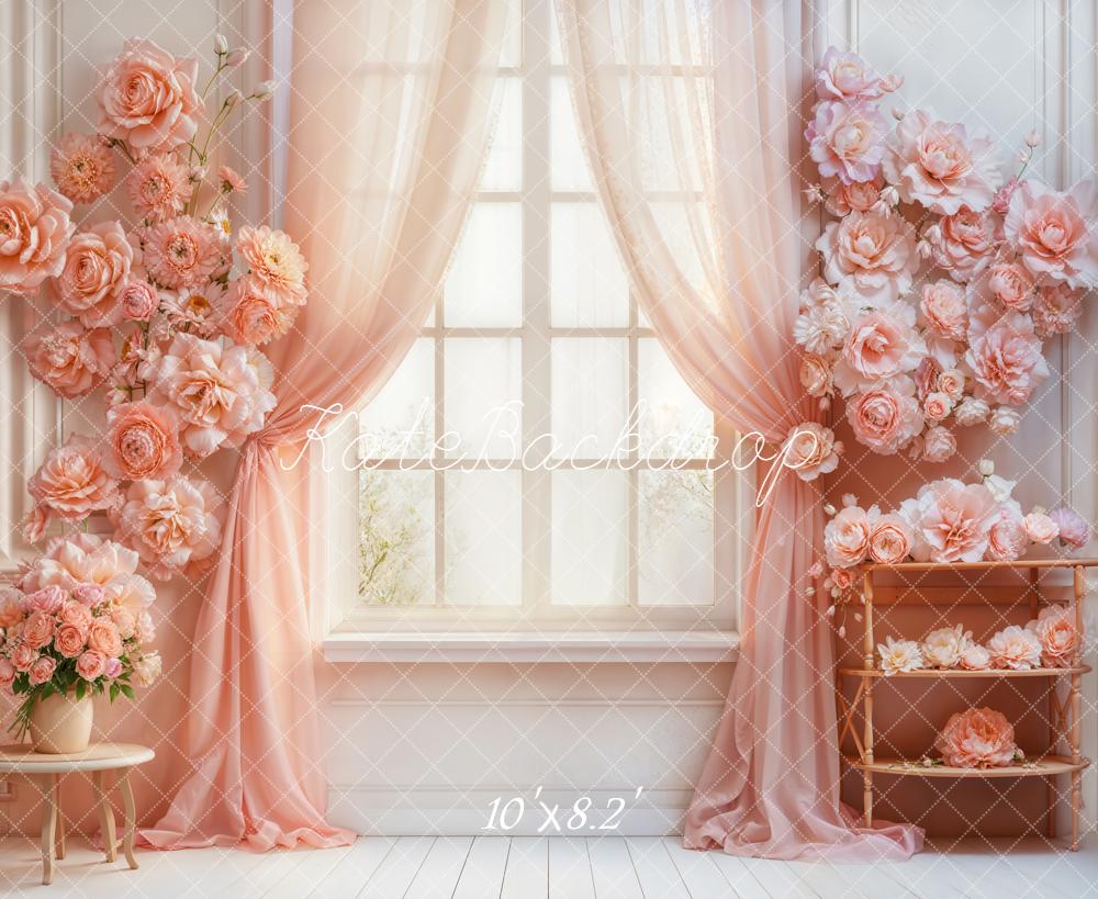 Kate Spring Blush Flower Arch Window Pink Curtains Printed Backdrop Designed by Emetselch