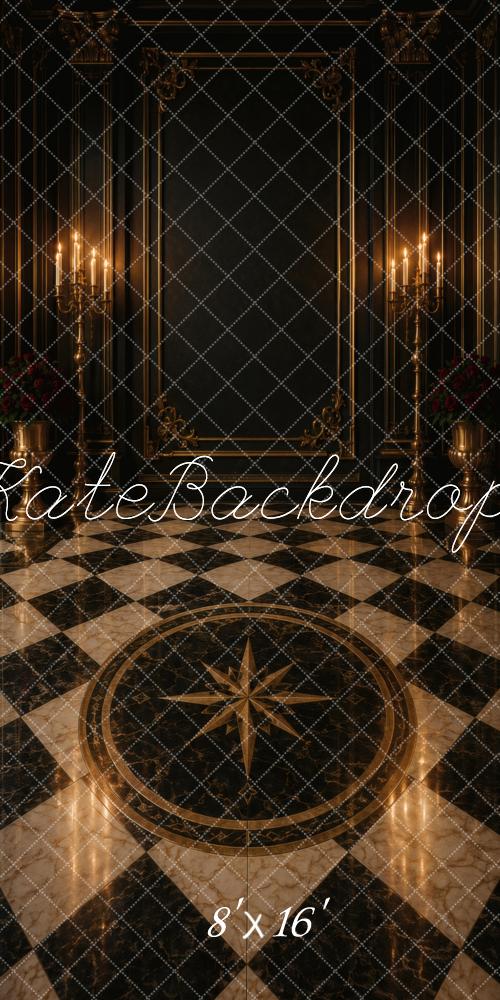 Kate Sweep Gothic Black Gold Ornate Wall Candlelight Checkered Printed Backdrop Designed by Vertigo Productions