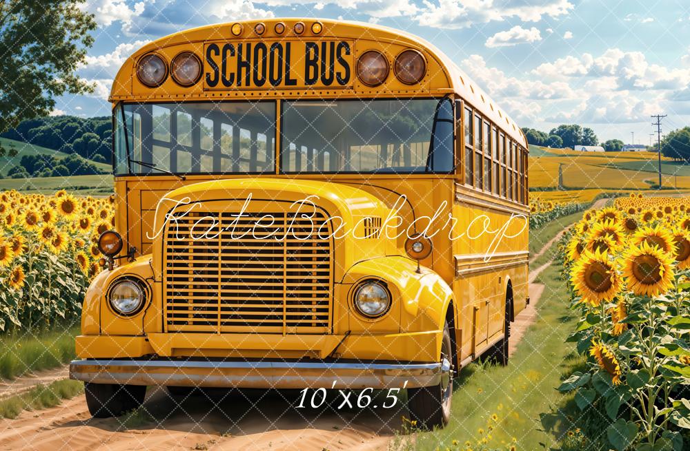 Kate Back to School Fall Yellow School Bus Sunflower Field Backdrop Designed by Emetselch