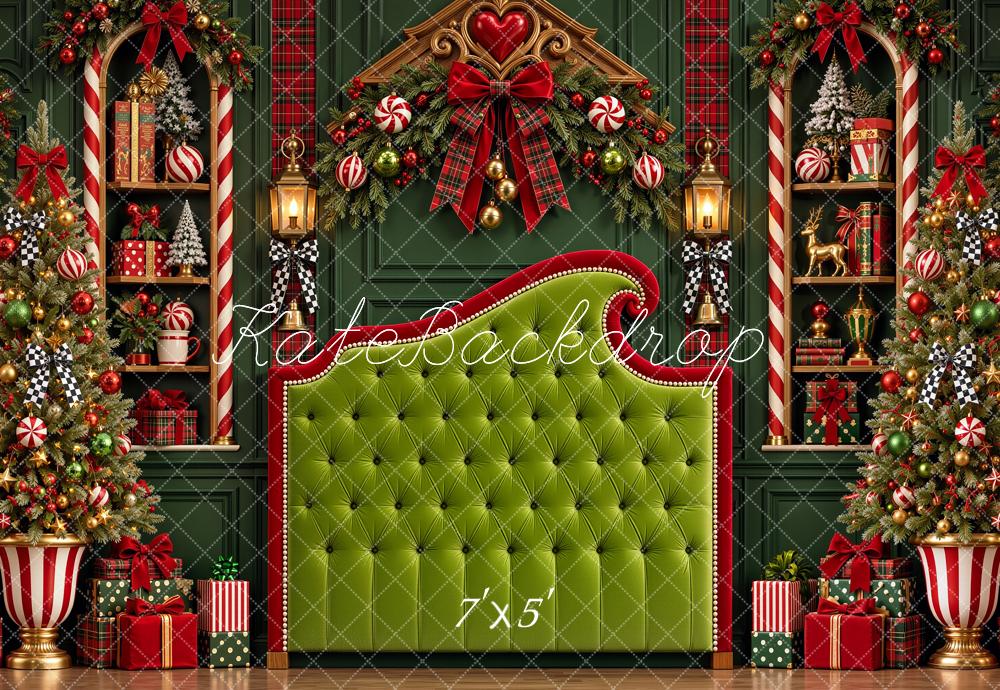 Kate Christmas Green Headboard Trees Candy Cane Plaid Printed Backdrop Designed by Shutter Swan Studios
