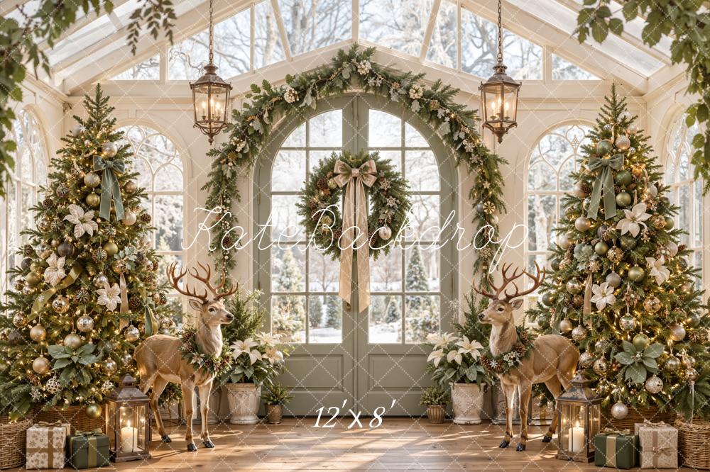 Kate Christmas Greenhouse Arch Garland Deer Christmas Trees Printed Backdrop Designed by Emetselch