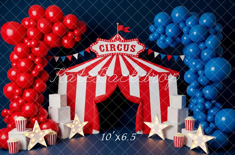 Kate Cake Smash Circus Tent Red Blue Balloon Popcorn Stars Printed Backdrop Designed by Patty Roberts