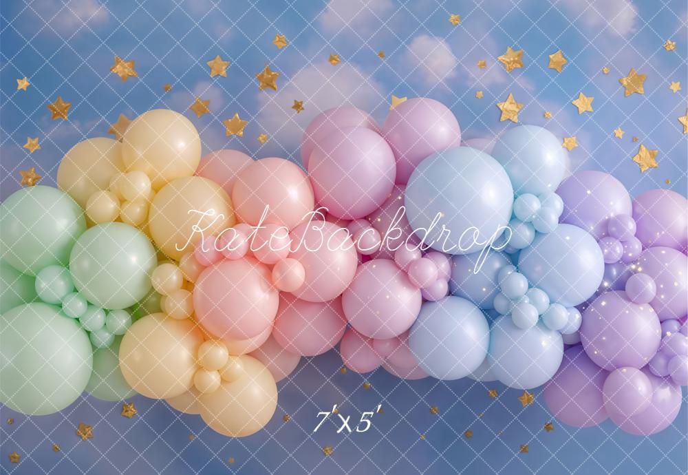 Kate Cake Smash Pastel Rainbow Balloon Garland Sky Stars Printed Backdrop Designed by Emetselch