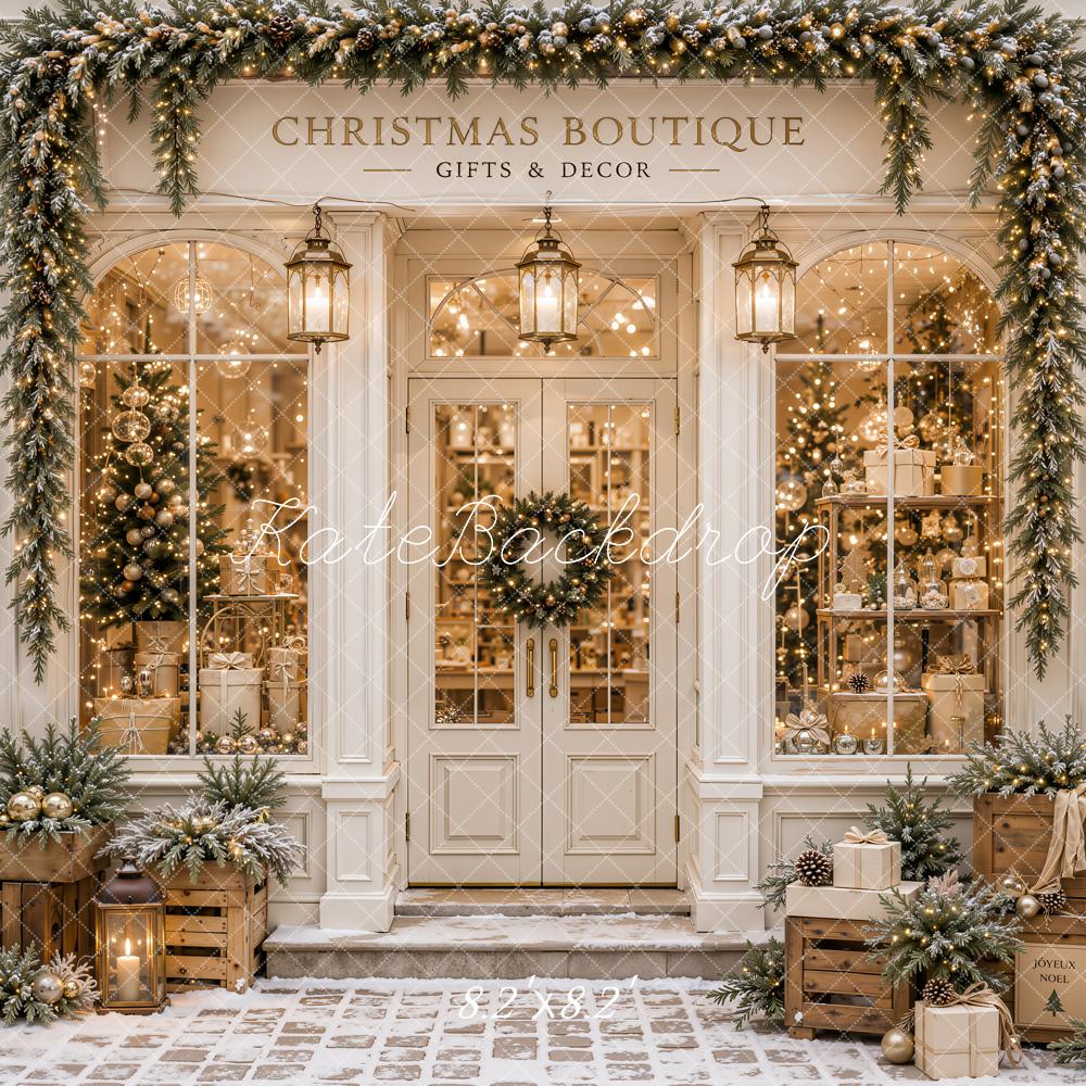 Kate Christmas Boutique Storefront Garland Gifts Printed Backdrop Designed by Emetselch