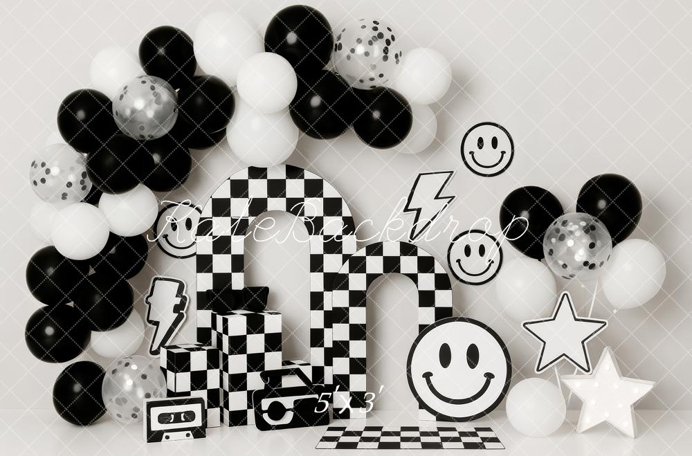 Kate Cake Smash Black White Checkered Arch Balloons Smiley Face Backdrop Designed by Patty Roberts