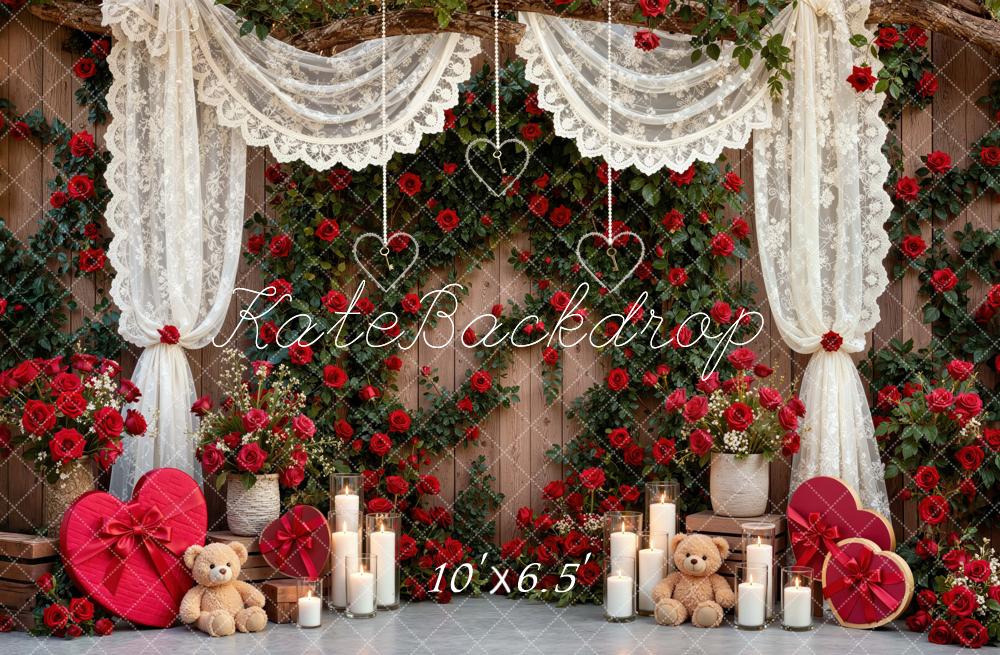 Kate Valentine's Day Lace Curtains Red Rose Heart Teddy Bears Printed Backdrop Designed by Mini MakeBelieve