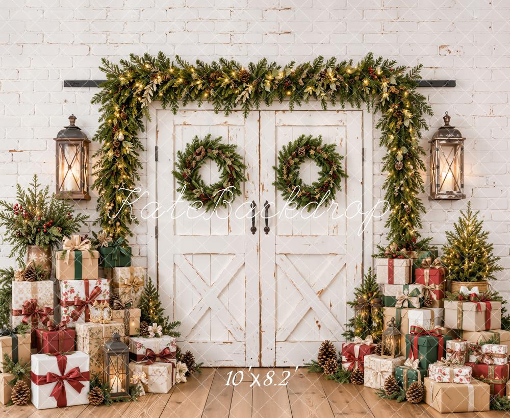 Kate Christmas White Rustic Barn Door Garland Gift Boxes Printed Backdrop Designed by Emetselch