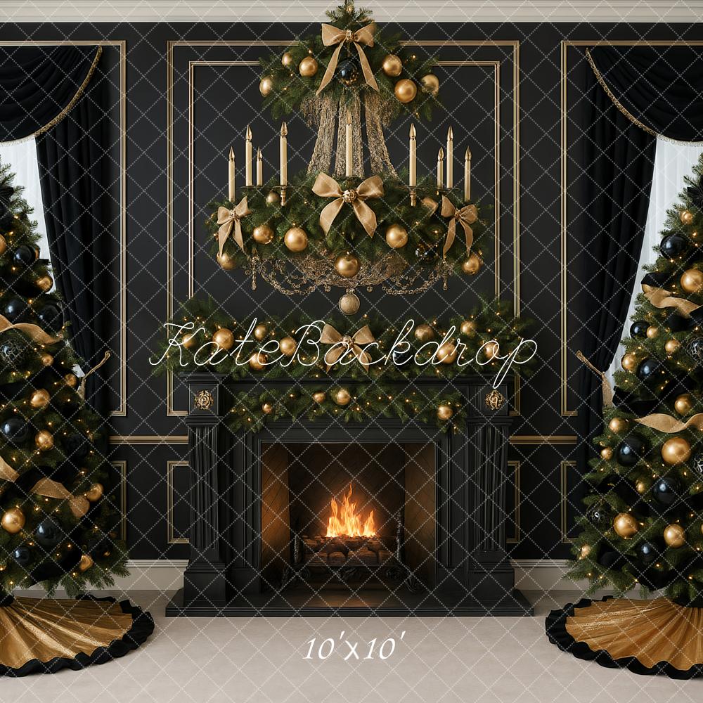 Kate Christmas Trees Fireplace Garland Chandelier Black Gold Backdrop Designed by Ashley Paul
