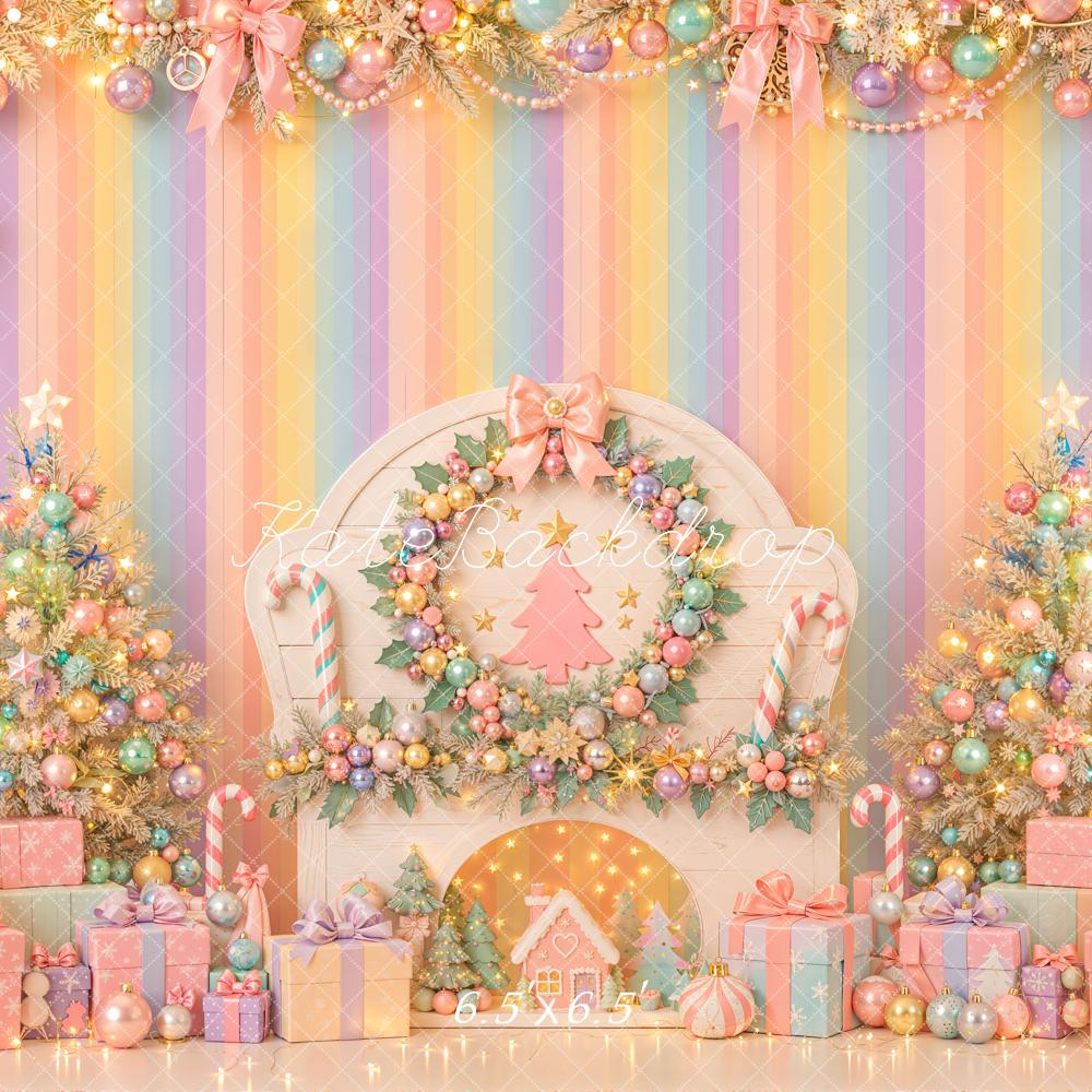 Kate Christmas Pastel Fireplace Christmas Tree Gifts Bow Printed Backdrop Designed by Emetselch