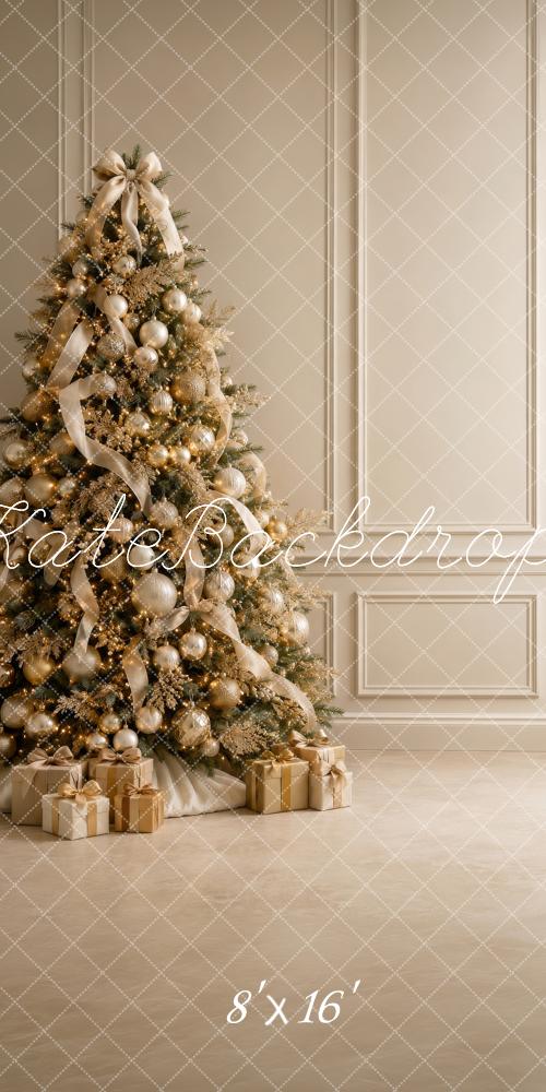 Kate Sweep Christmas Tree Gold Ornaments Gifts Neutral Wall Printed Backdrop Designed by Megan Leigh Photography