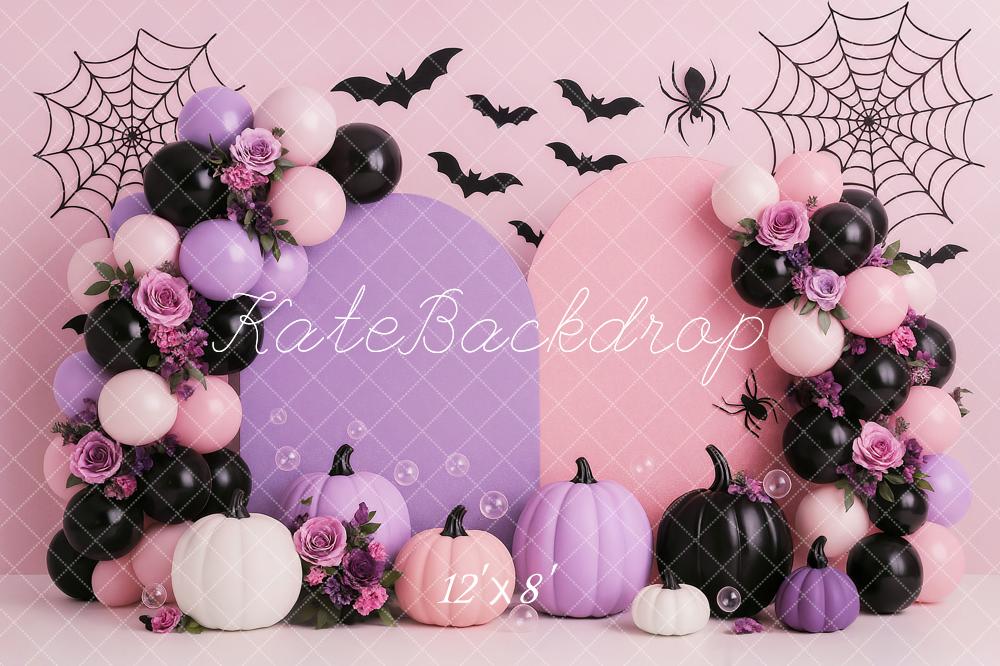 Kate Halloween Pink Purple Balloons Pumpkins Bats Spiderwebs Backdrop Designed by Ashley Paul