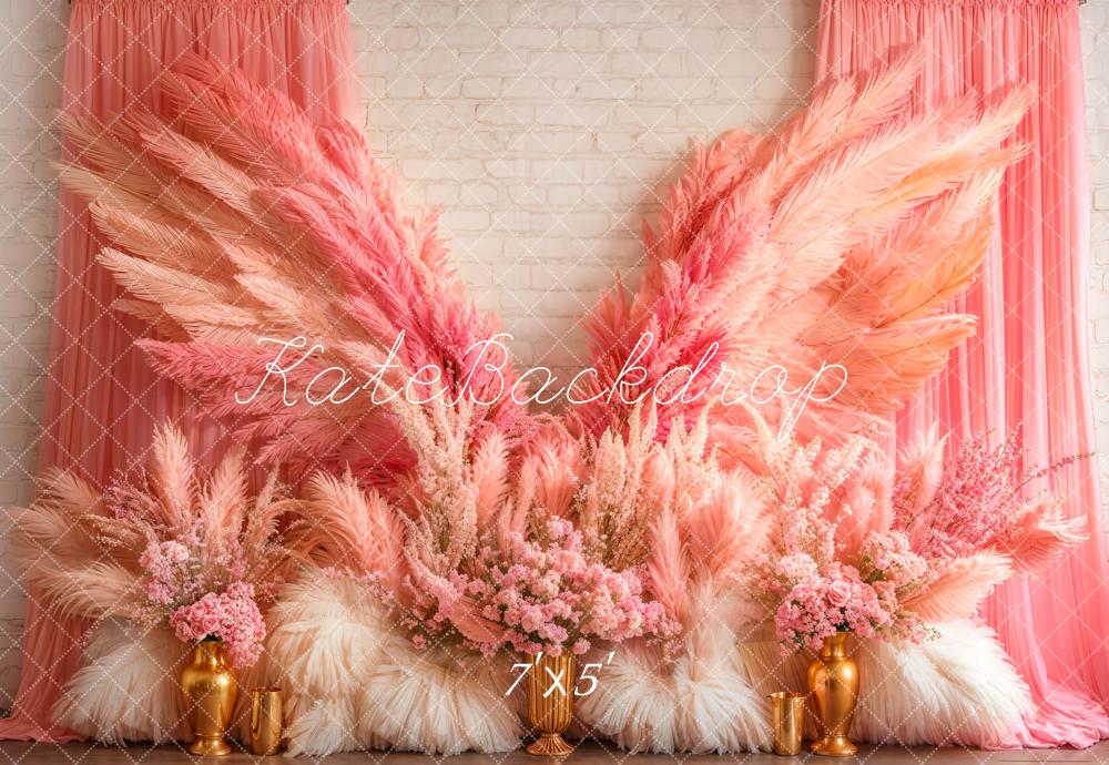 Kate Boho Pink Wings Pampas Floral Backdrop Designed by Emetselch