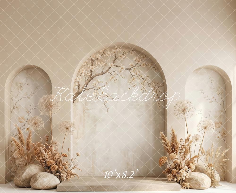 Kate Mother's Day Beige Flower Arch Dried Flowers Rocks Printed Backdrop Designed by Patty Roberts