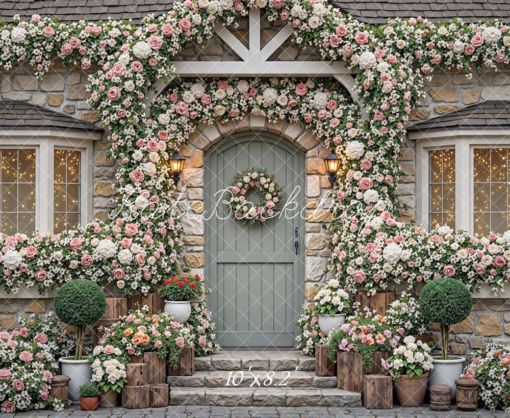 Kate Spring Flower Arch Stone Cottage Door Printed Backdrop Designed by Mini MakeBelieve