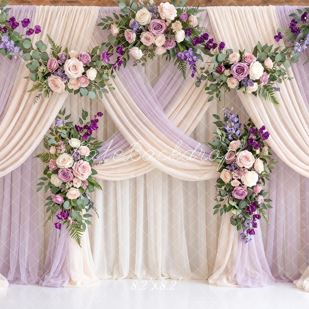 Kate Romantic Wedding Flower Arch Drapery Purple Printed Backdrop Printed Backdrop Designed by Angela Miller
