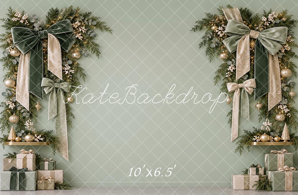 Kate Christmas Sage Green Wreath Velvet Bows Printed Backdrop Designed by Vertigo Productions