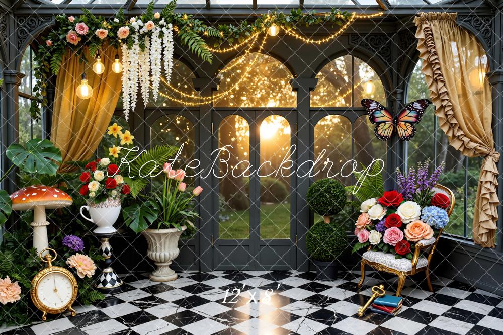 Kate Fantasy Garden Flowers Mushroom Butterfly Clock Backdrop Designed by Mini MakeBelieve