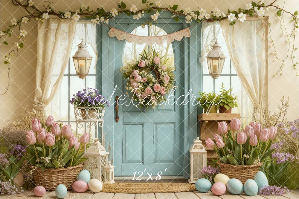 Kate Easter Blue Door Flower Wreath Pastel Eggs Curtains Backdrop Designed by Emetselch