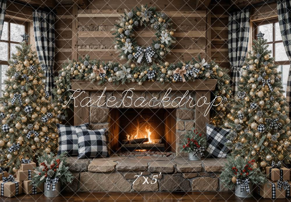 Kate Christmas Stone Fireplace Buffalo Plaid Christmas Tree Wreath Garland Printed Backdrop Designed by Mini MakeBelieve