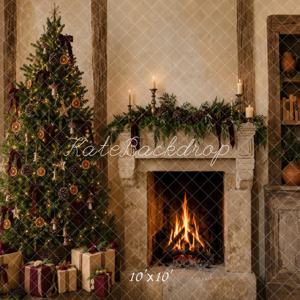 Kate Christmas Rustic Fireplace Tree Cabinet Printed Backdrop Designed by Vertigo Productions