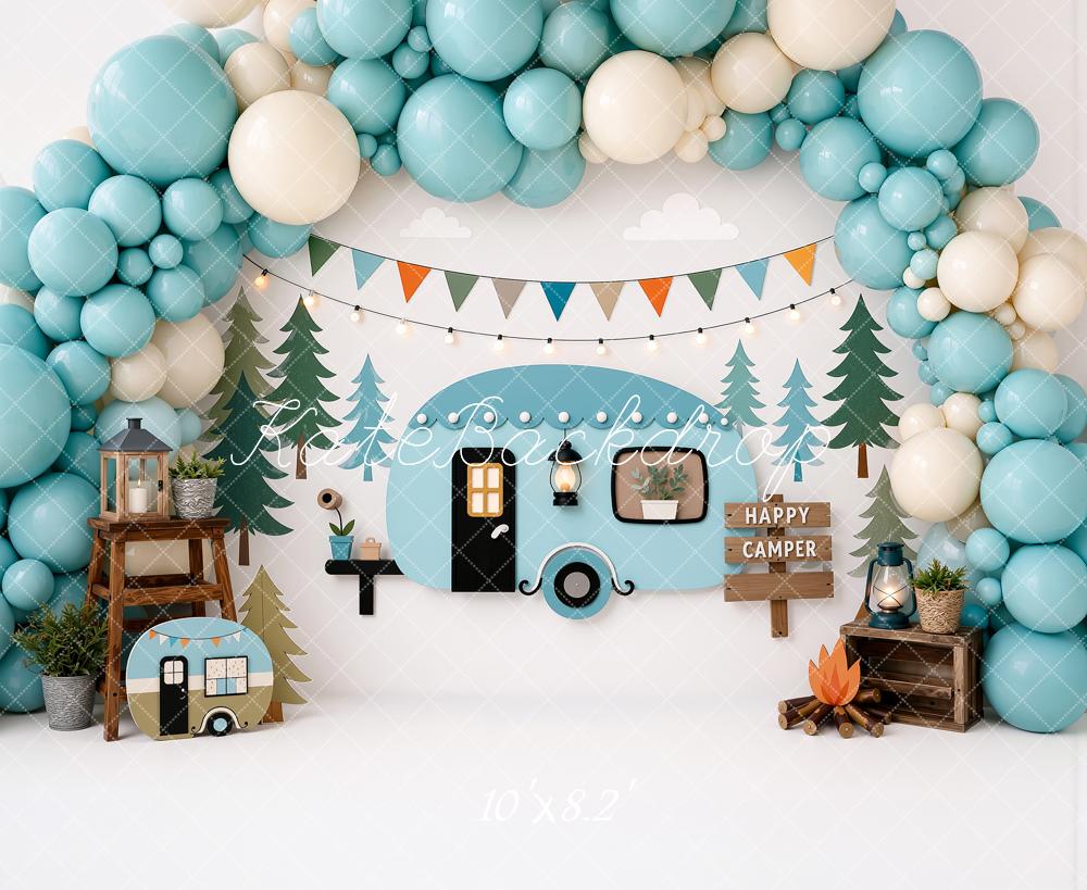 Kate Cake Smash Teal Camper Forest Balloon Arch Bunting Printed Backdrop Designed by Ashley Ward