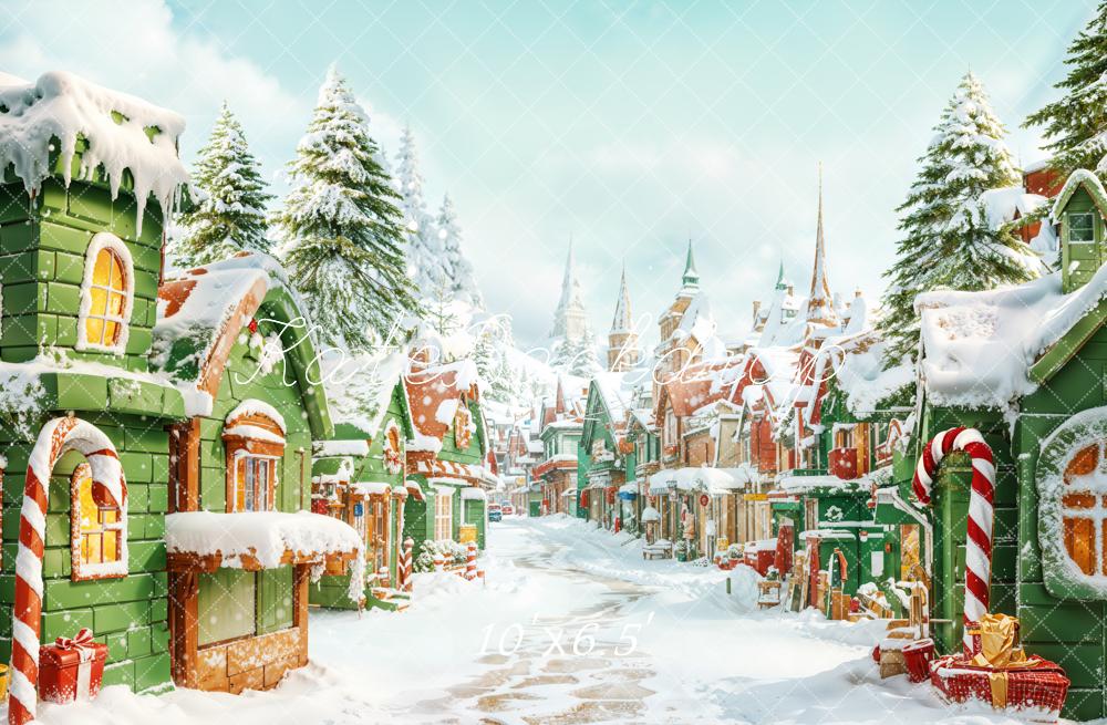 Kate Christma Village Candy Cane Snowy Backdrop Designed by Emetselch