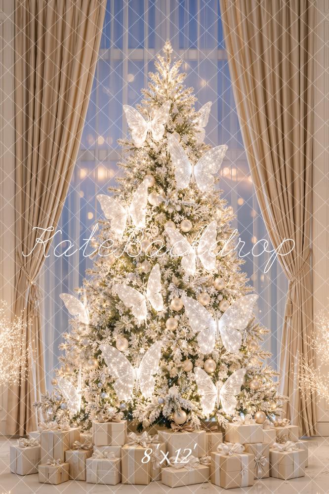 Kate Christmas Fairy Butterfly Sparkling Lights Christmas Tree Window Printed Backdrop Designed by Emetselch