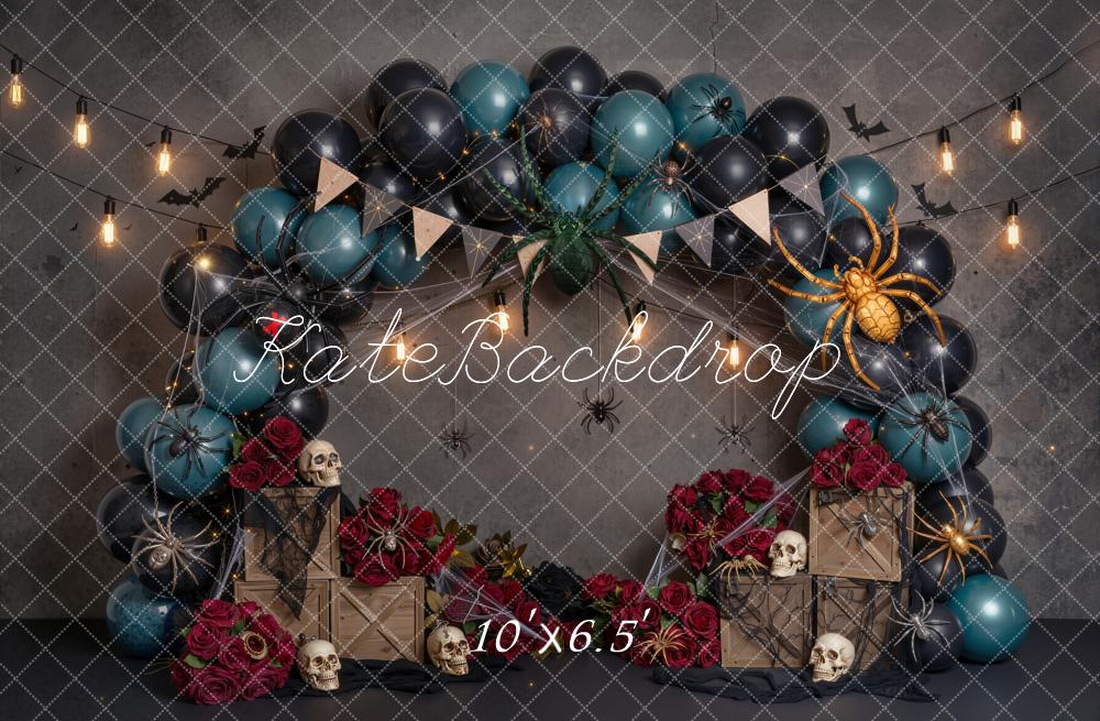 Kate Halloween Spooky Balloon Arch Skulls Spiders Roses Printed Backdrop Designed by Emetselch