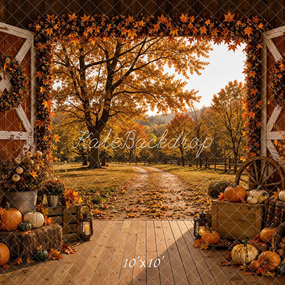 Kate Fall Barn Door Pumpkins Hay Bales Maple Leaves Printed Backdrop Designed by Emetselch