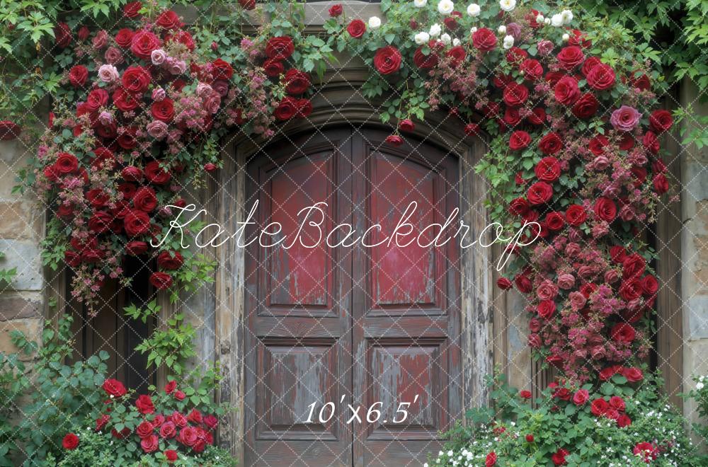 Kate Spring Flower Arch Red Roses Wooden Door Backdrop Designed by Mini MakeBelieve