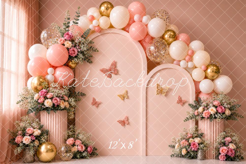 Kate Birthday Pink Balloon Arch Floral Butterflies Printed Backdrop Designed by Shutter Swan Studios