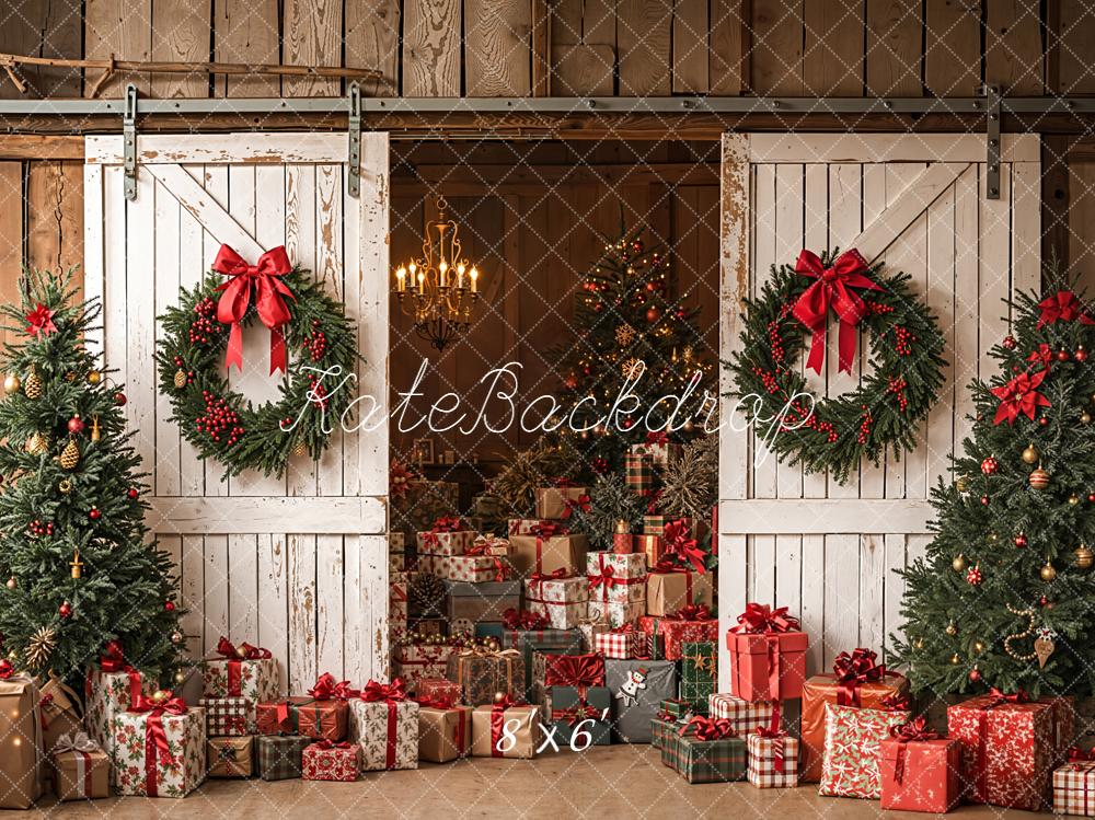 Christmas White Barn Doors Wreaths Trees Gifts Backdrop Designed by Emetselch
