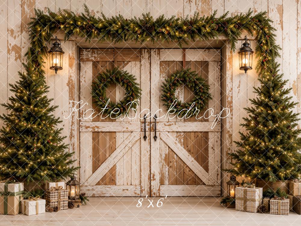 Kate Christmas Barn Doors Vintage Evergreen Trees Garland Printed Backdrop Designed by Emetselch