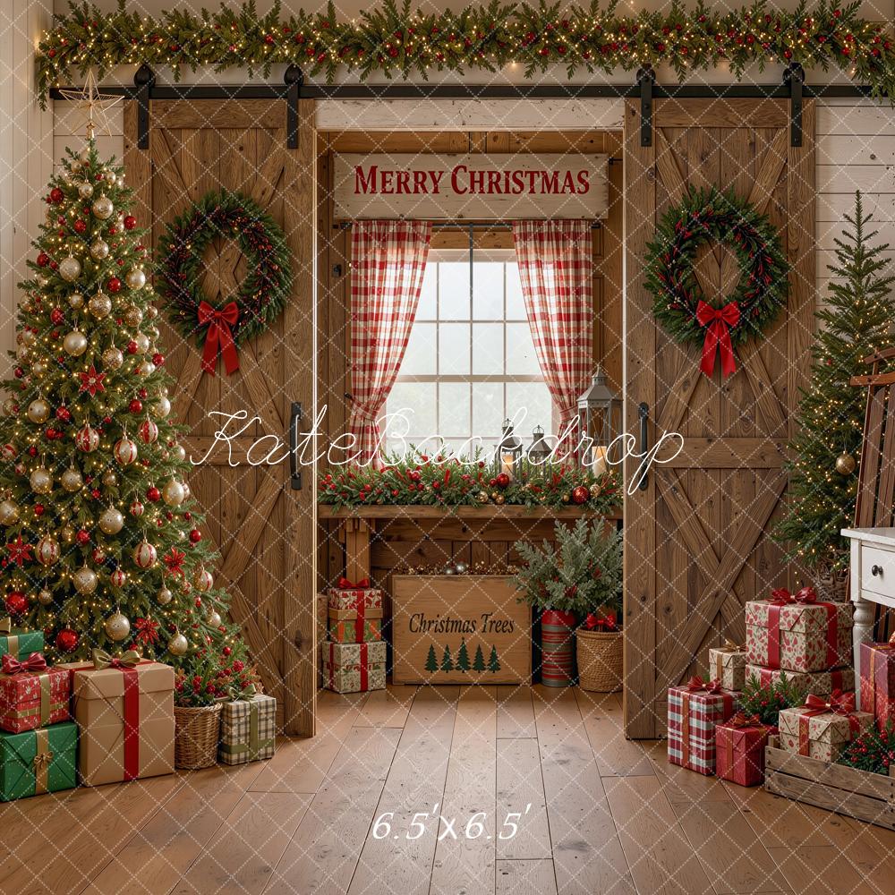 Kate Christmas Wood Barn Doors Tree Gifts Window Plaid Printed Backdrop Designed by Shutter Swan Studios