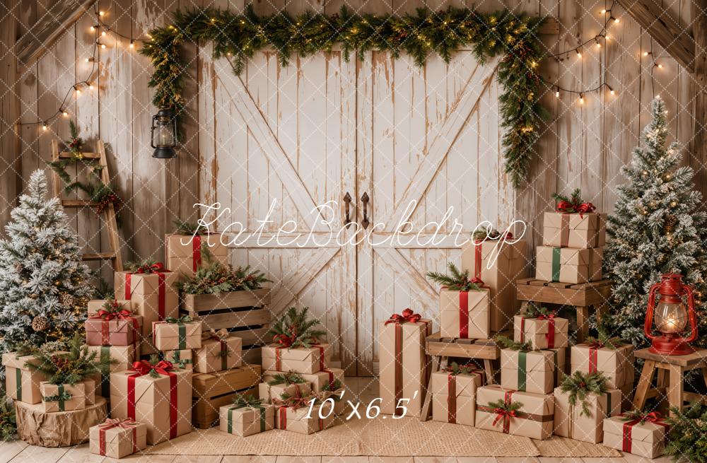 Kate Christmas Rustic White Barn Door Trees Gifts Printed Backdrop Designed by Emetselch