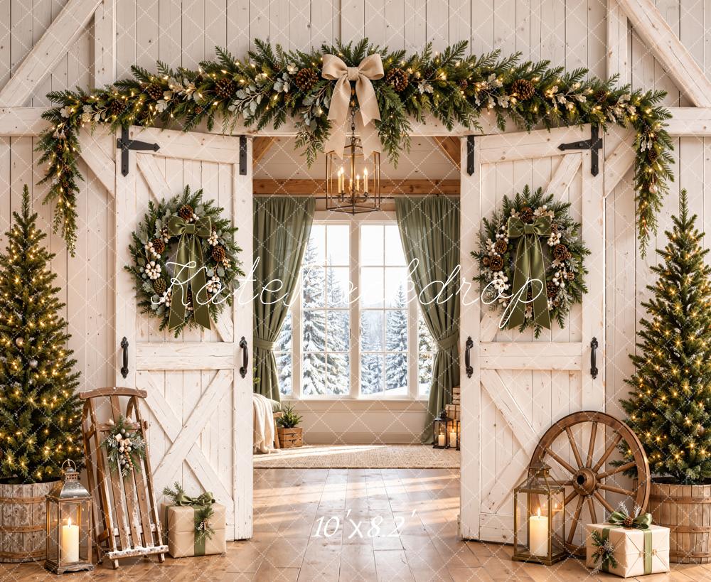 Kate Christmas Farmhouse White Barn Doors Wreaths Trees Printed Backdrop Designed by Emetselch