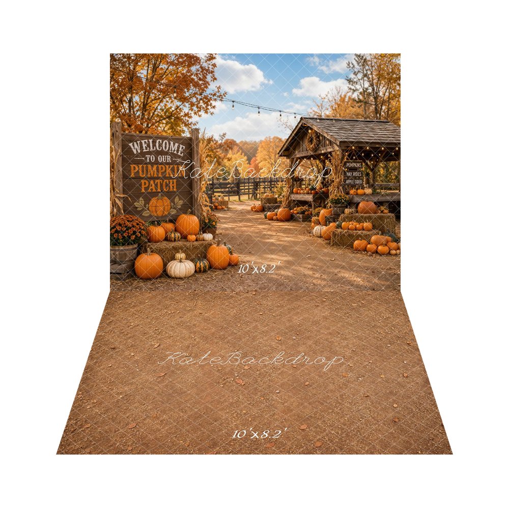Kate Fall Pumpkin Patch Barn Sign Printed Backdrop+Brown Rustic Dirt Texture Printed Floor Backdrop