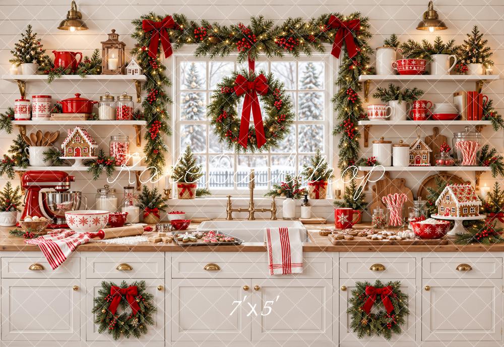 Kate Christmas Gingerbread Kitchen Garland Wreath Printed Backdrop Designed by Emetselch